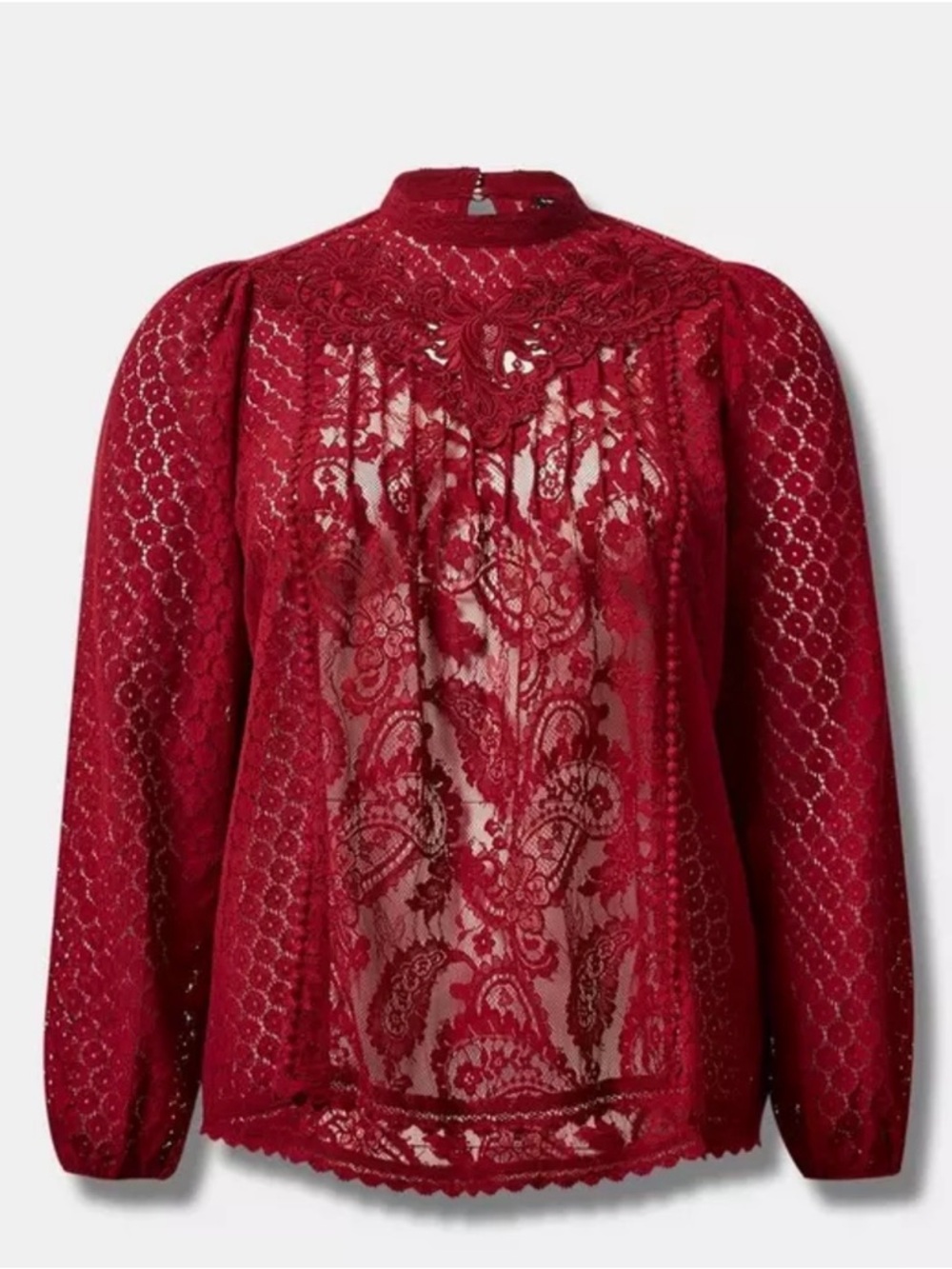 Torrid  Mixed Lace High-Neck Blouse - Red Witchy Sheer Sz 4X
